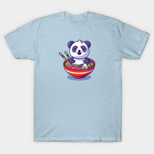 Cute Panda Sitting In The Noodle Bowl Cartoon T-Shirt